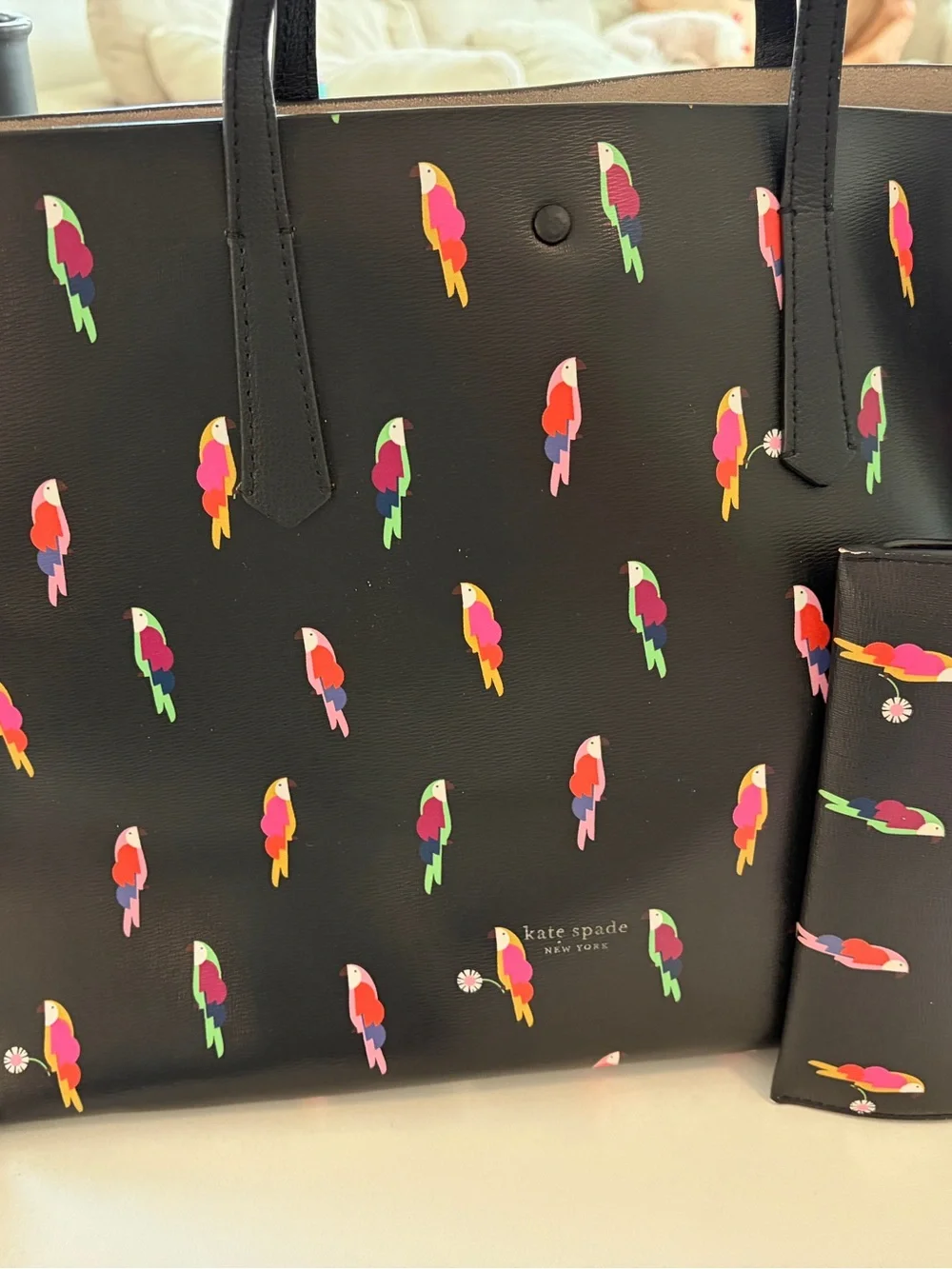 kate spade Black Tote with Multicolor Parrot Print